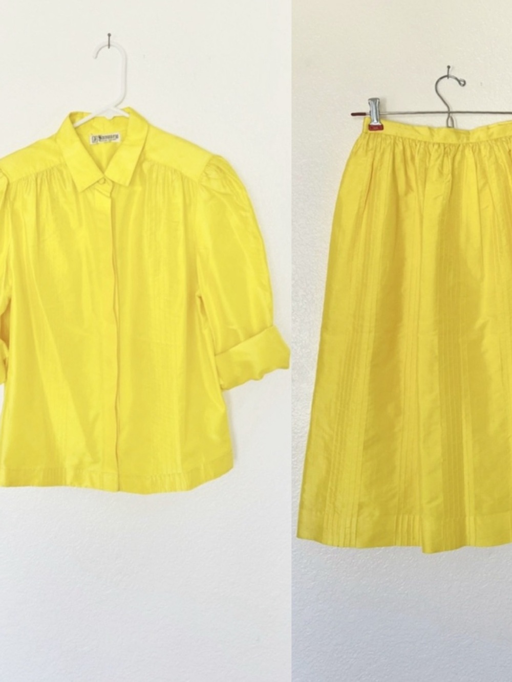 2pc Vintage Yellow Blouse Skirt Set Matching Outfit 1980s April O'Neil Secretary